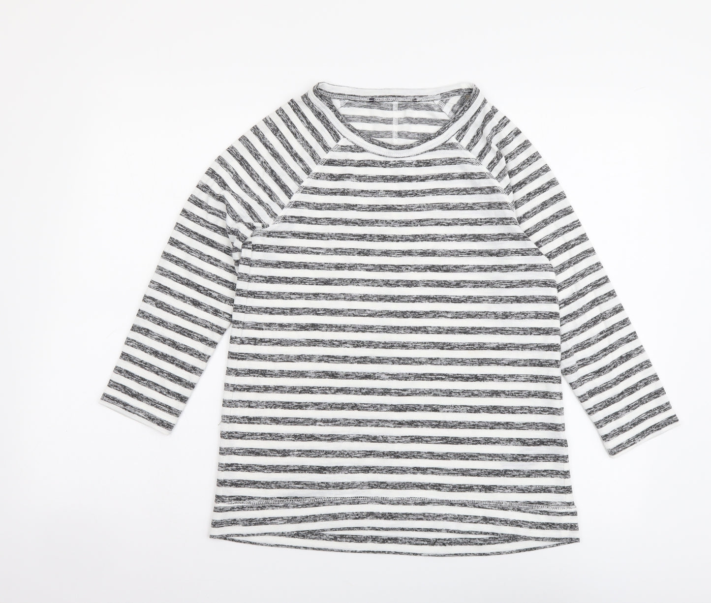 Marks and Spencer Womens Grey Striped Polyester Basic T-Shirt Size 8 Round Neck