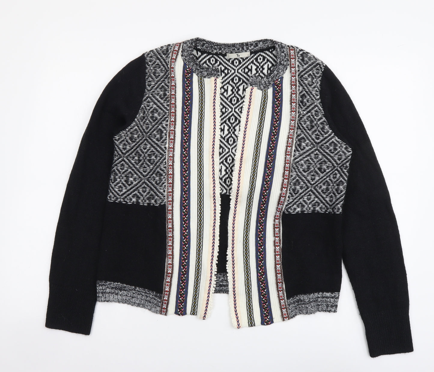 TU Womens Multicoloured V-Neck Geometric Acrylic Cardigan Jumper Size 12