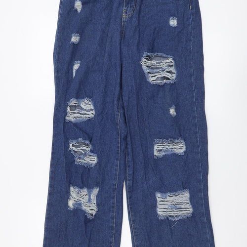 Forever Denim Womens Blue Cotton Wide-Leg Jeans Size 6 L28 in Regular Button - Distressed Look