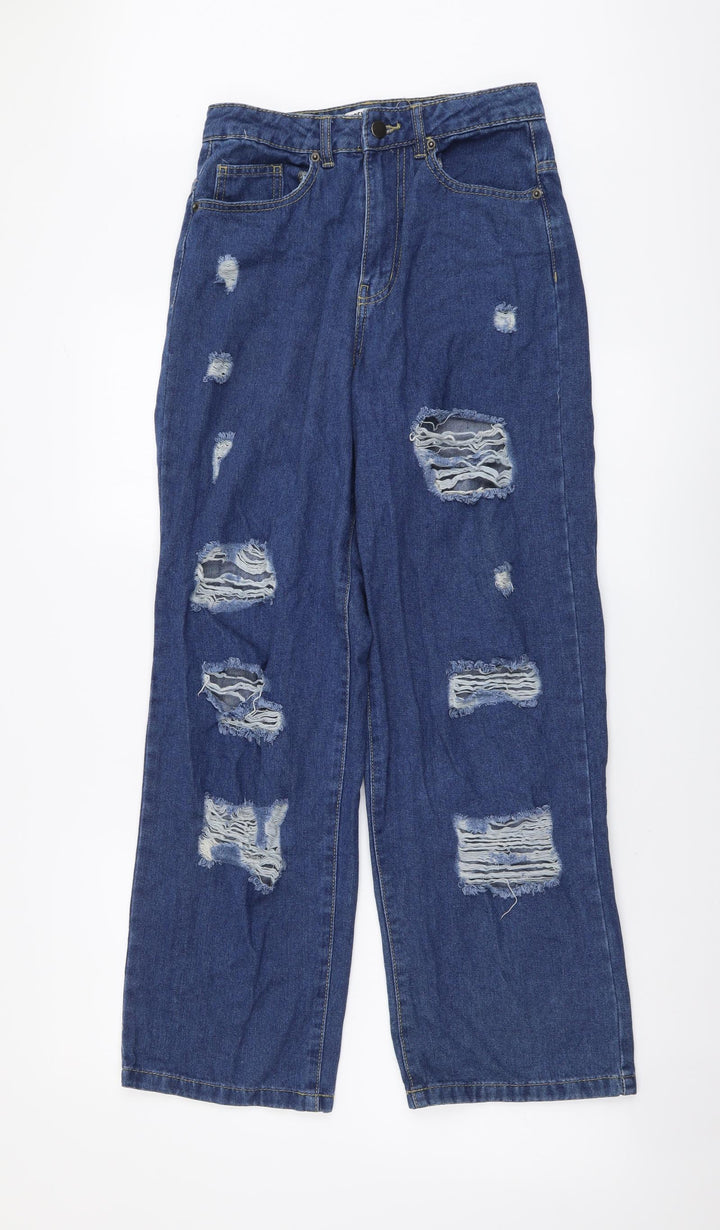 Forever Denim Womens Blue Cotton Wide-Leg Jeans Size 6 L28 in Regular Button - Distressed Look