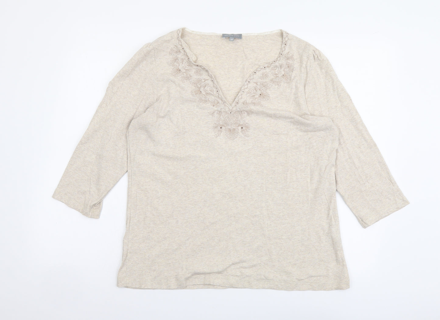 Per Una Womens Beige Cotton Basic T-Shirt Size 20 V-Neck