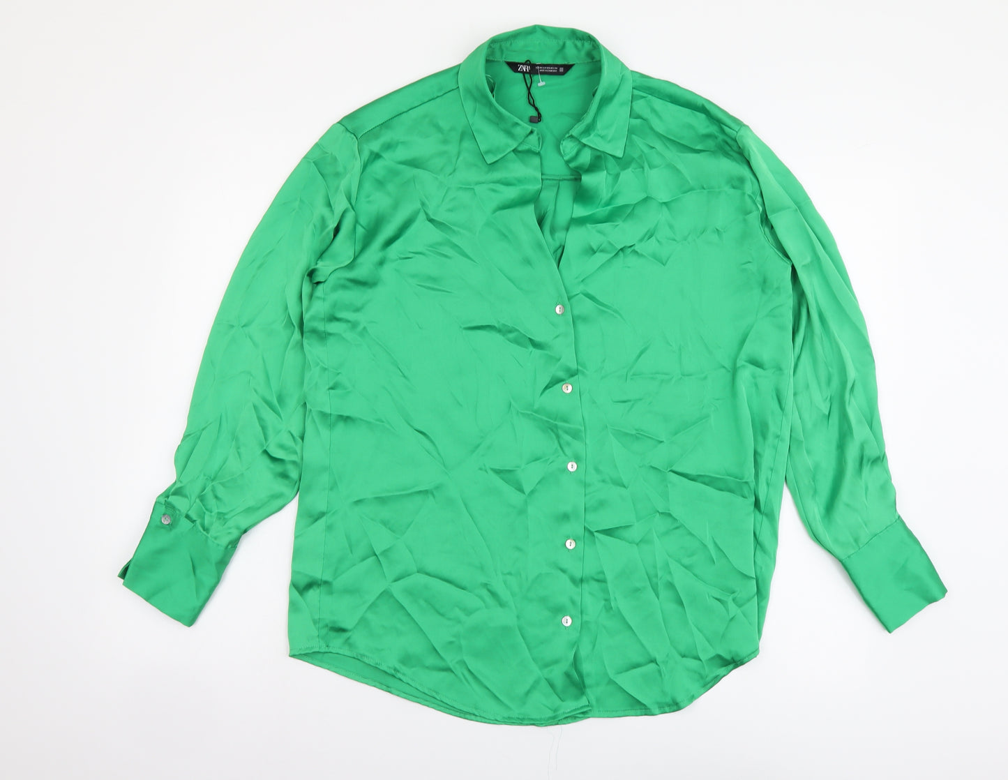 Zara Womens Green Polyester Basic Button-Up Size XS Collared