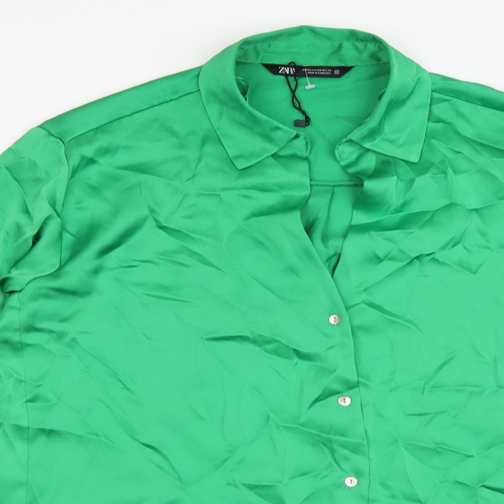 Zara Womens Green Polyester Basic Button-Up Size XS Collared