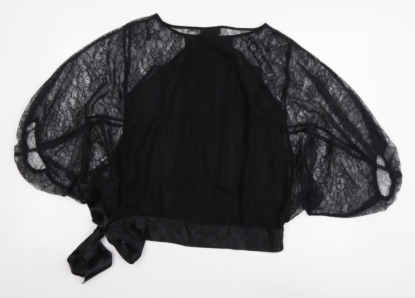 Warehouse Womens Black Polyester Basic Blouse Size 12 Round Neck - Sheer Sleeves