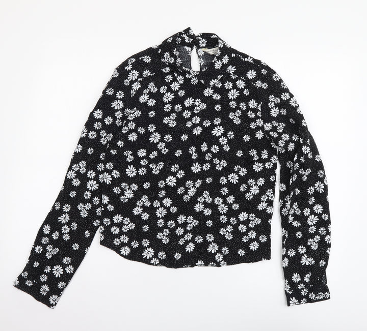 Miss Selfridge Womens Black Floral Viscose Basic Blouse Size 8 Collared