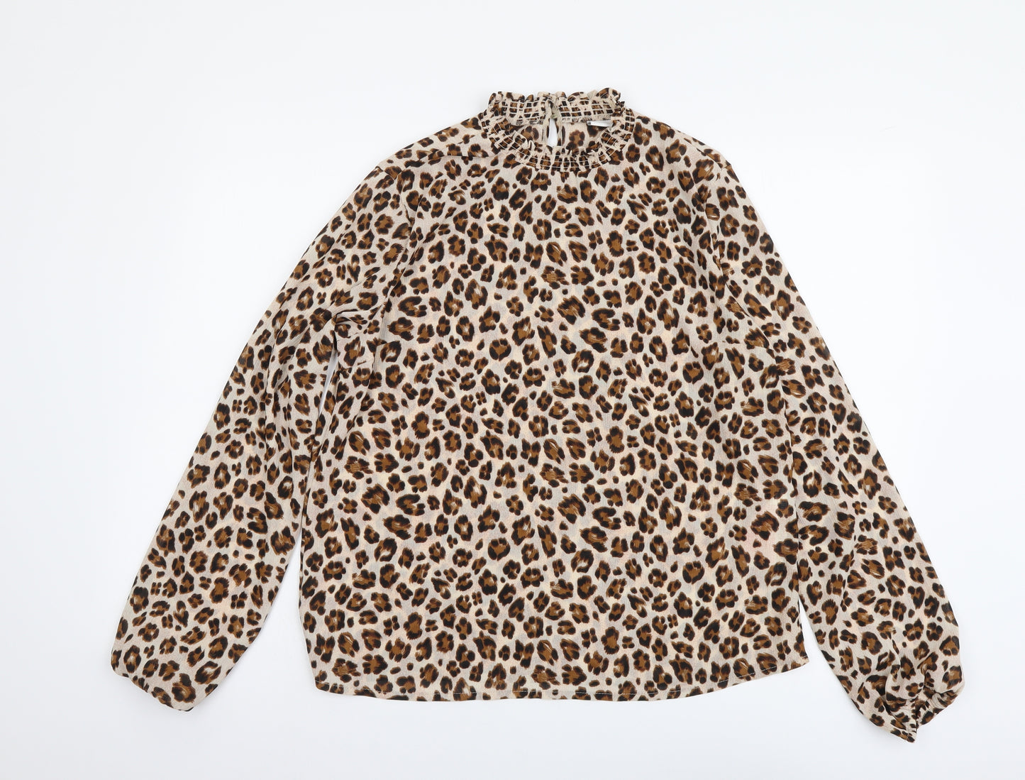 VILA Womens Beige Animal Print Polyester Basic Blouse Size 12 Mock Neck - Leopard Pattern