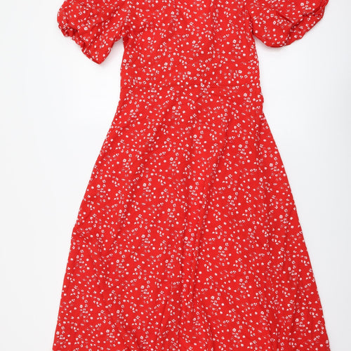 Influence Womens Red Geometric Polyester A-Line Size 8 V-Neck Button