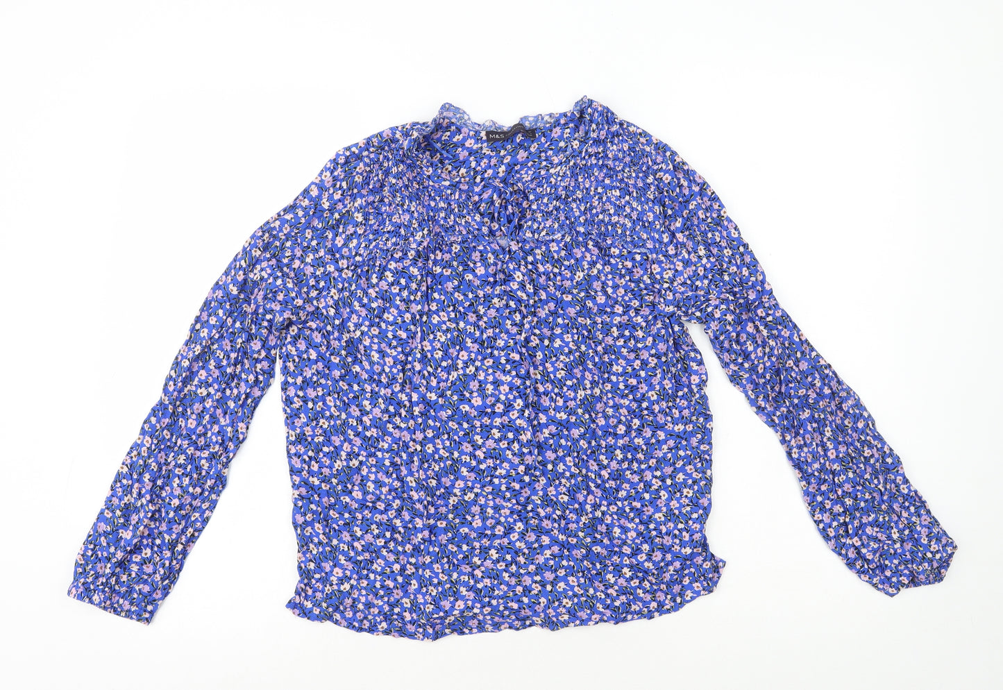 Marks and Spencer Womens Blue Floral Viscose Basic Blouse Size 10 Round Neck - Tie Neck