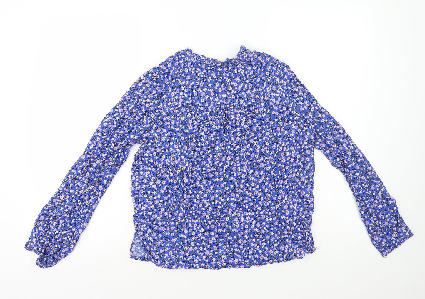 Marks and Spencer Womens Blue Floral Viscose Basic Blouse Size 10 Round Neck - Tie Neck
