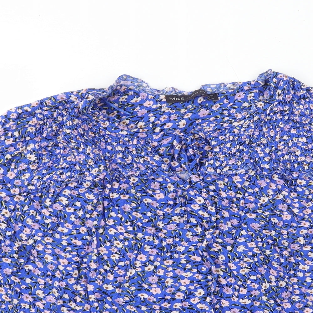 Marks and Spencer Womens Blue Floral Viscose Basic Blouse Size 10 Round Neck - Tie Neck
