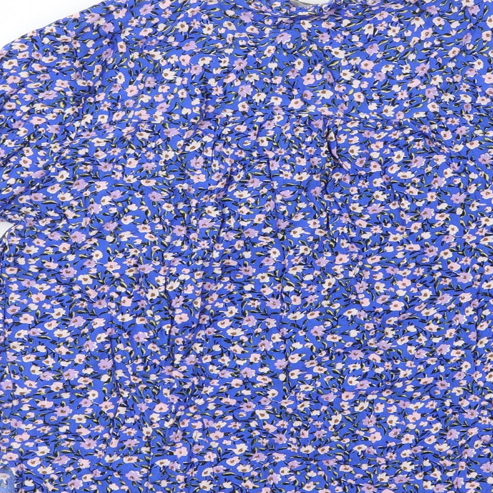 Marks and Spencer Womens Blue Floral Viscose Basic Blouse Size 10 Round Neck - Tie Neck