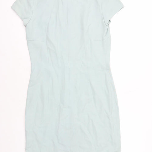 Preworn Womens Blue Polyester Pencil Dress Size 8 V-Neck Zip