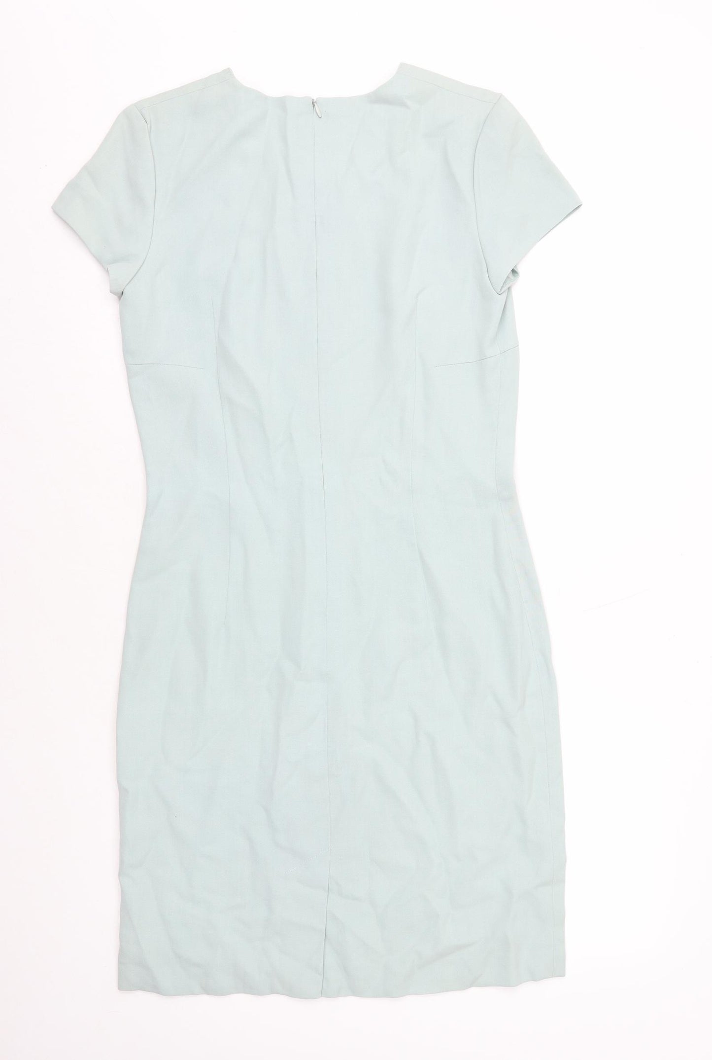 Preworn Womens Blue Polyester Pencil Dress Size 8 V-Neck Zip