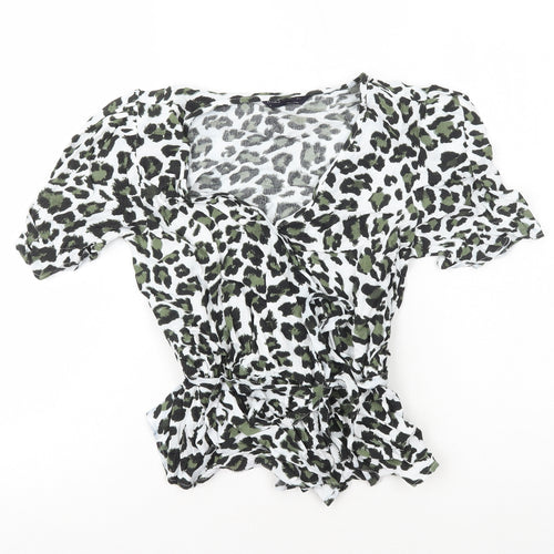 Marks and Spencer Womens Green Animal Print Viscose Basic T-Shirt Size 8 V-Neck - Peplum
