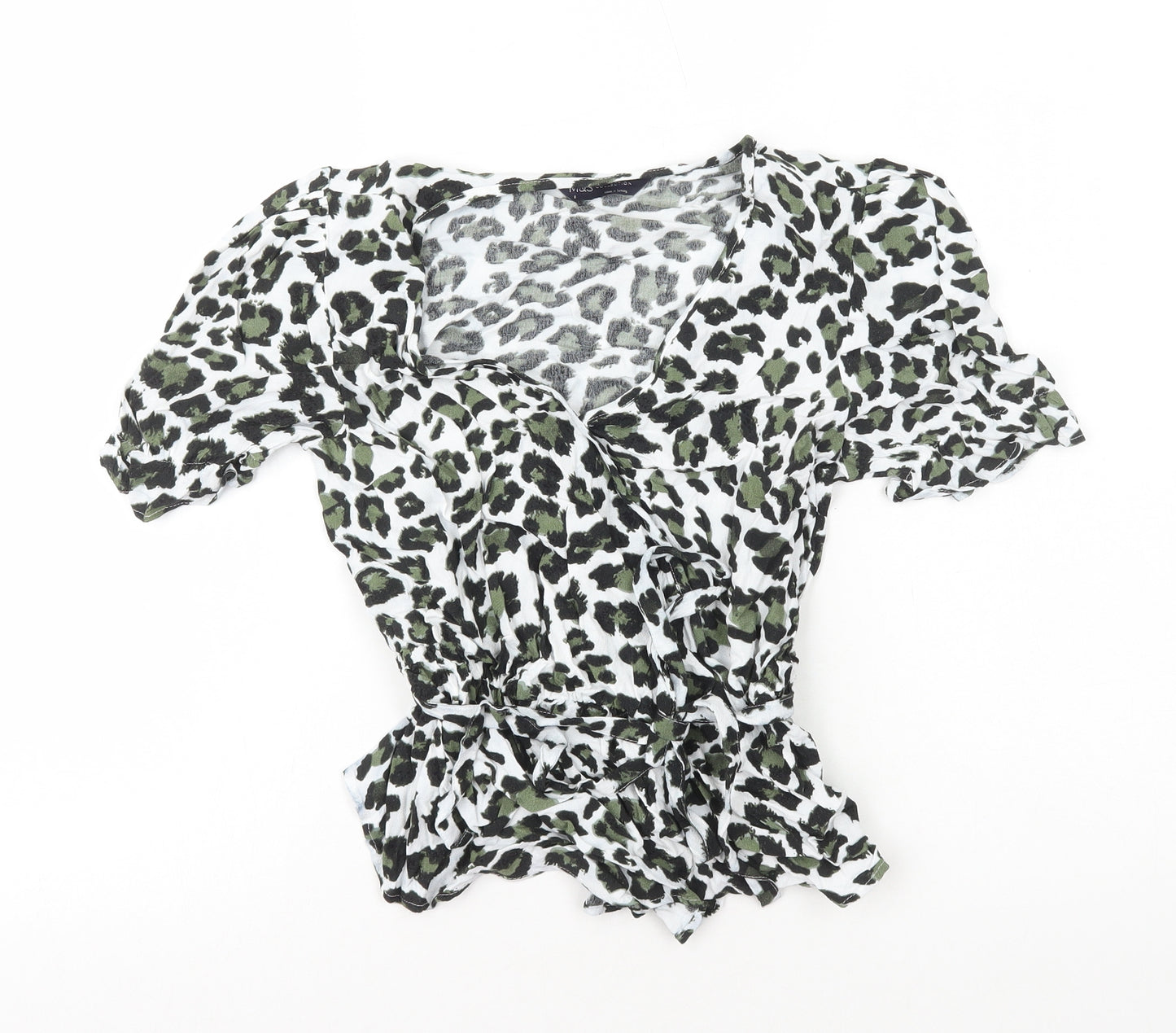 Marks and Spencer Womens Green Animal Print Viscose Basic T-Shirt Size 8 V-Neck - Peplum