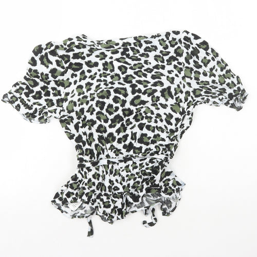 Marks and Spencer Womens Green Animal Print Viscose Basic T-Shirt Size 8 V-Neck - Peplum