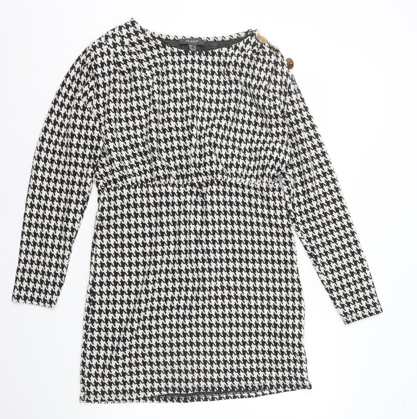 Primark Womens Black Houndstooth Polyester Pencil Dress Size 14 Round Neck Pullover