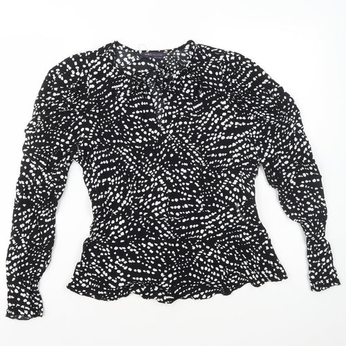 Marks and Spencer Womens Black Polka Dot Viscose Basic Blouse Size 8 V-Neck - Neck Tie Peplum