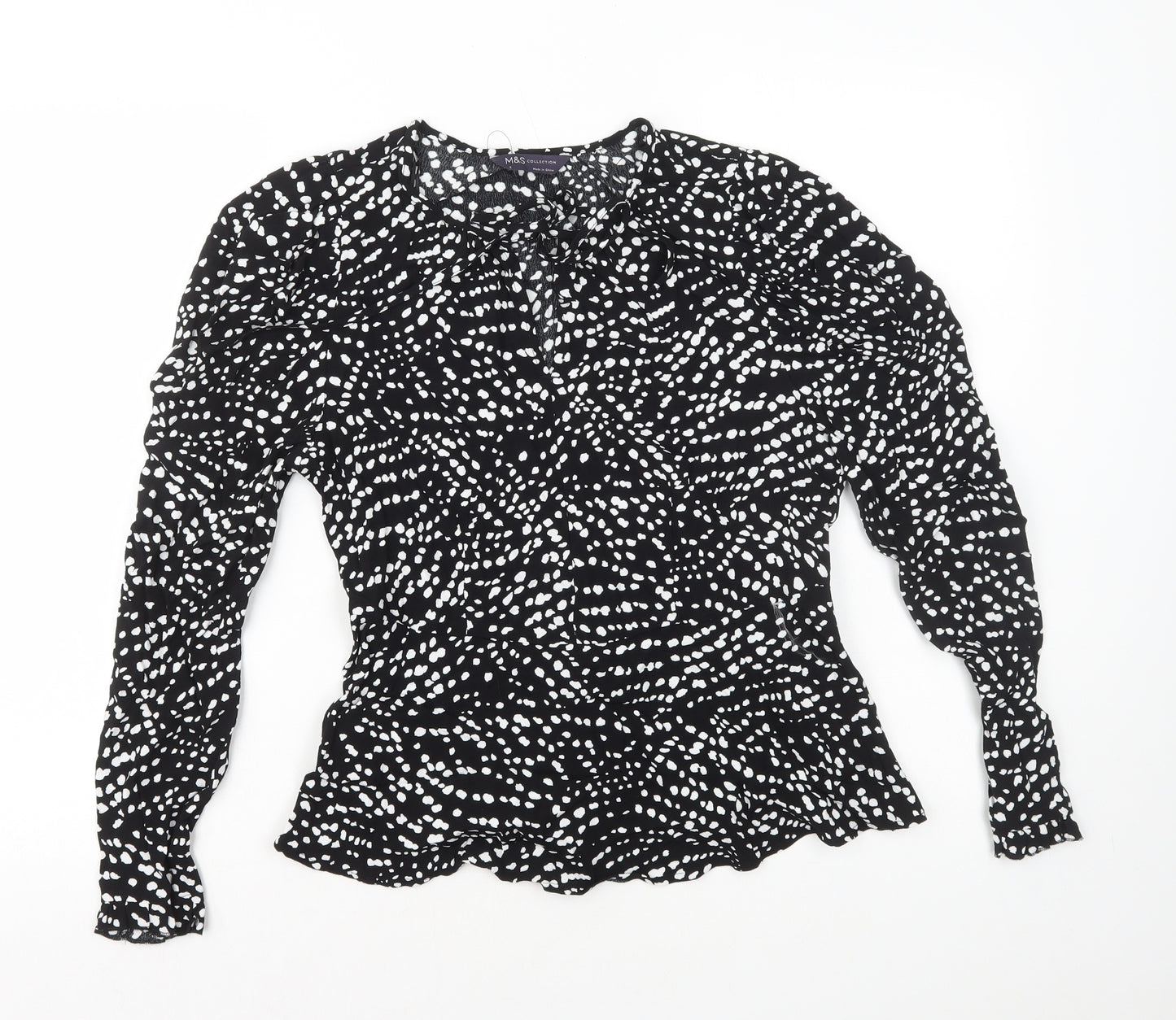 Marks and Spencer Womens Black Polka Dot Viscose Basic Blouse Size 8 V-Neck - Neck Tie Peplum