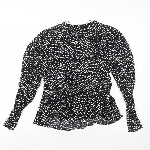 Marks and Spencer Womens Black Polka Dot Viscose Basic Blouse Size 8 V-Neck - Neck Tie Peplum