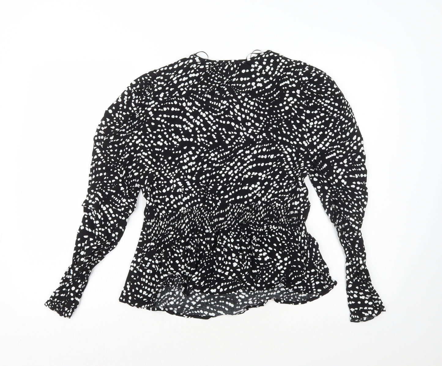 Marks and Spencer Womens Black Polka Dot Viscose Basic Blouse Size 8 V-Neck - Neck Tie Peplum
