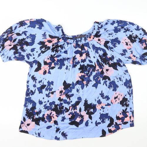 Marks and Spencer Womens Blue Geometric Polyester Basic T-Shirt Size 8 Round Neck