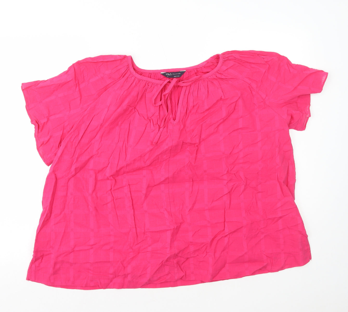 Marks and Spencer Womens Pink 100% Cotton Basic T-Shirt Size 12 Round Neck - Tie Neck
