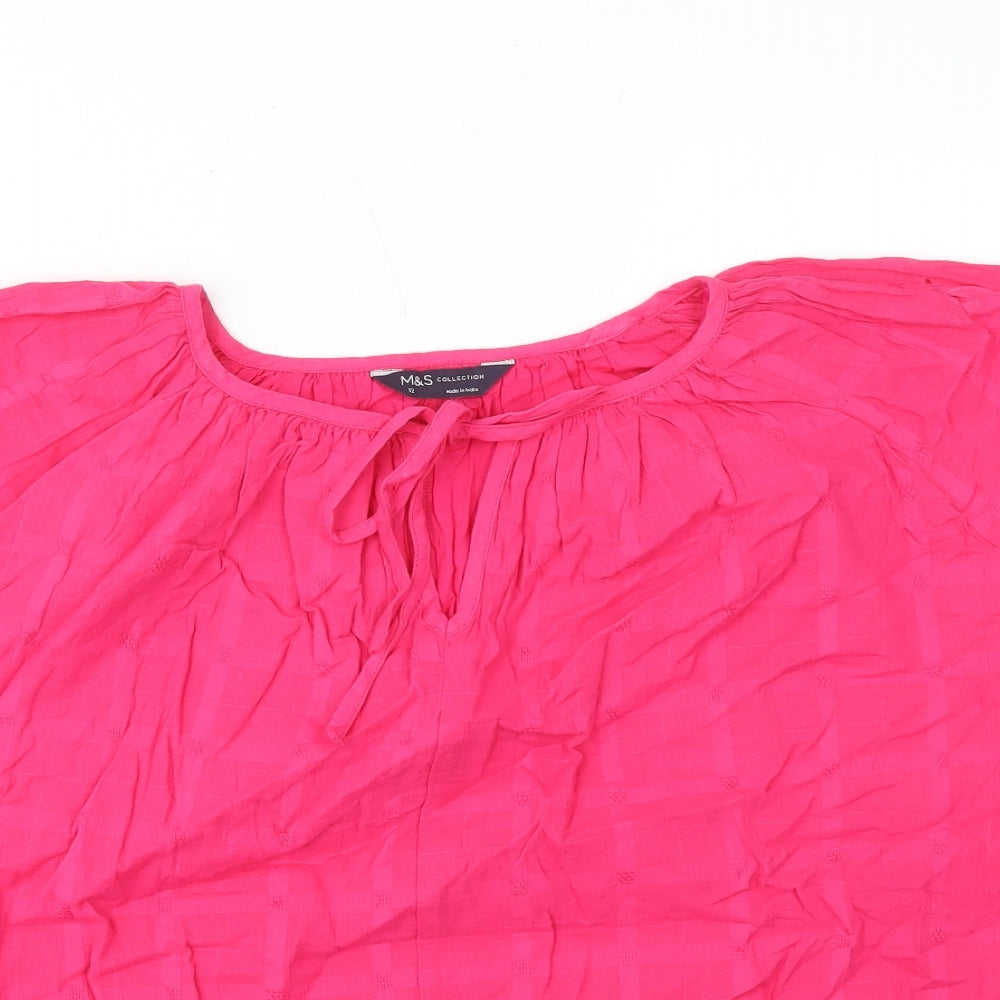 Marks and Spencer Womens Pink 100% Cotton Basic T-Shirt Size 12 Round Neck - Tie Neck