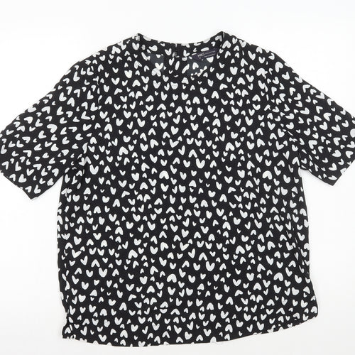 Marks and Spencer Womens Black Geometric Polyester Basic T-Shirt Size 10 Round Neck - Hearts