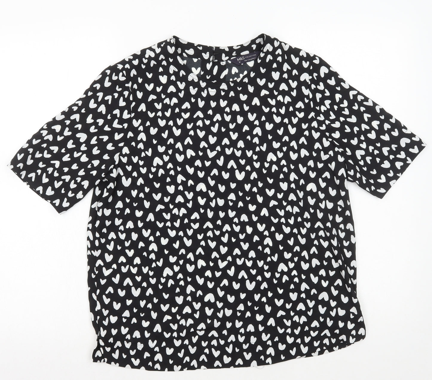 Marks and Spencer Womens Black Geometric Polyester Basic T-Shirt Size 10 Round Neck - Hearts