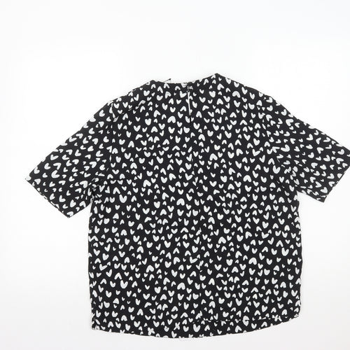 Marks and Spencer Womens Black Geometric Polyester Basic T-Shirt Size 10 Round Neck - Hearts