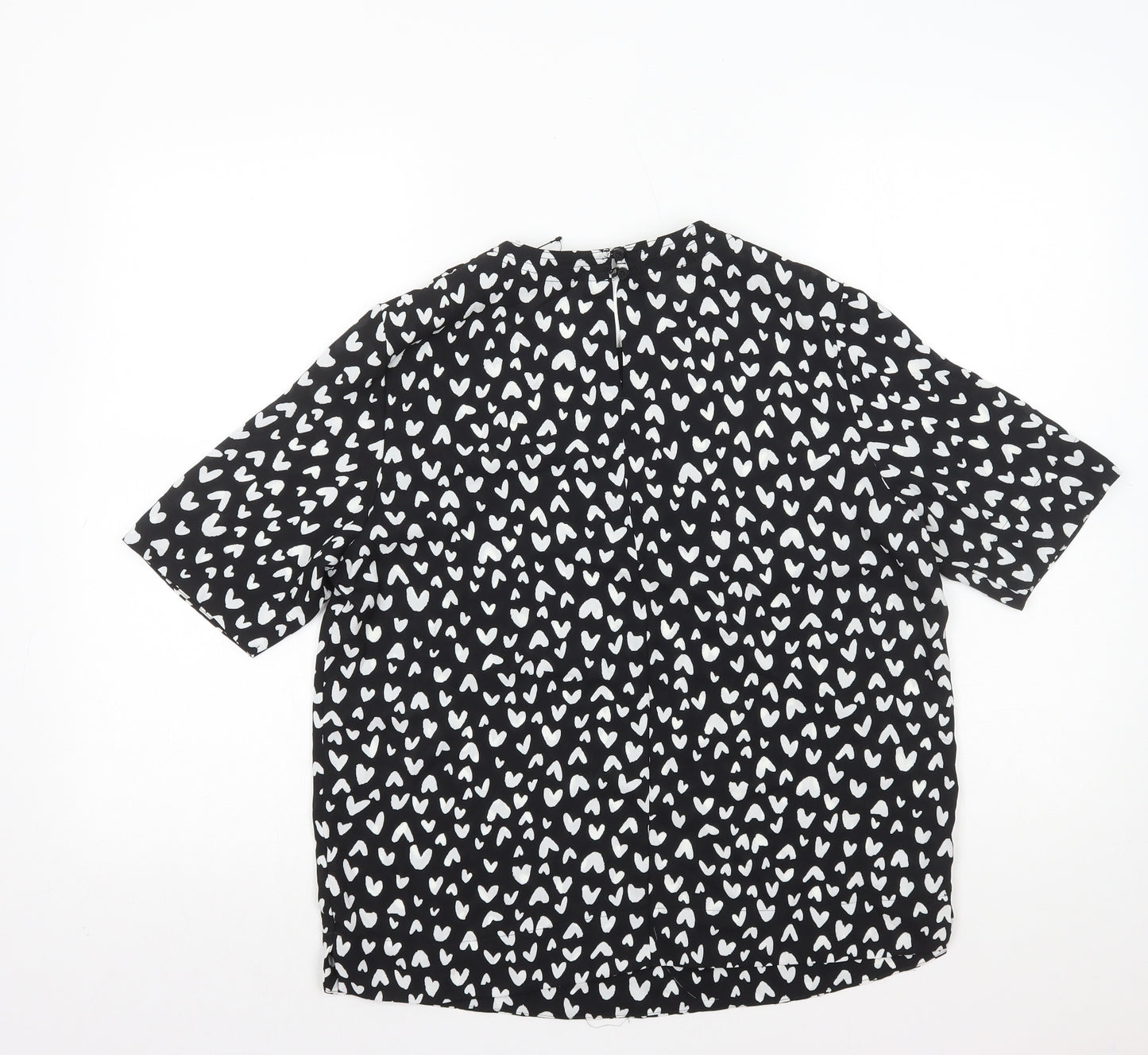 Marks and Spencer Womens Black Geometric Polyester Basic T-Shirt Size 10 Round Neck - Hearts