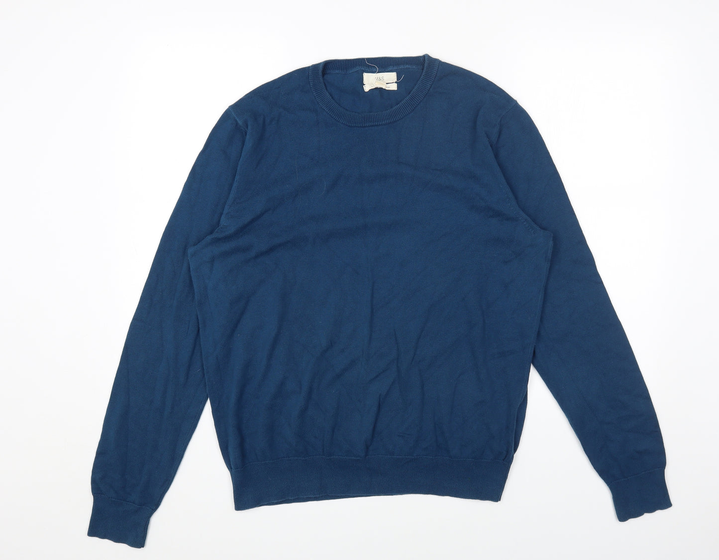 Marks and Spencer Mens Blue Round Neck Cotton Pullover Jumper Size L