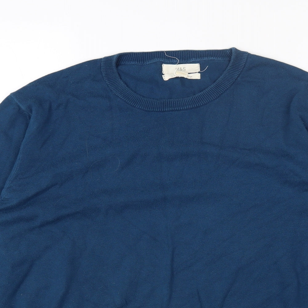 Marks and Spencer Mens Blue Round Neck Cotton Pullover Jumper Size L