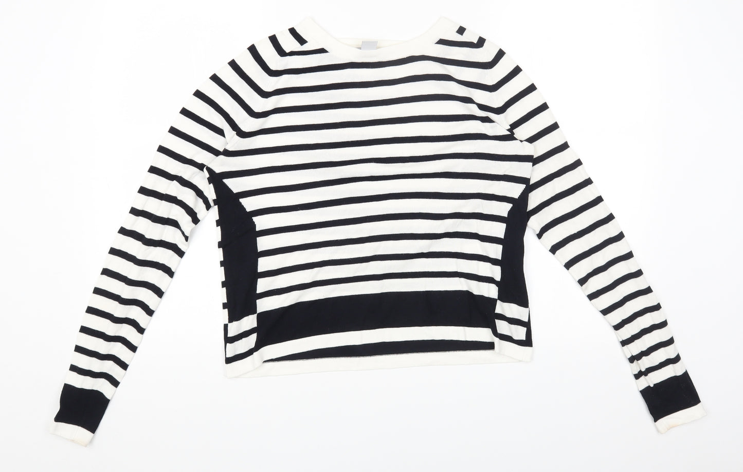H&M Womens White Round Neck Striped Viscose Pullover Jumper Size M