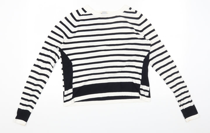 H&M Womens White Round Neck Striped Viscose Pullover Jumper Size M