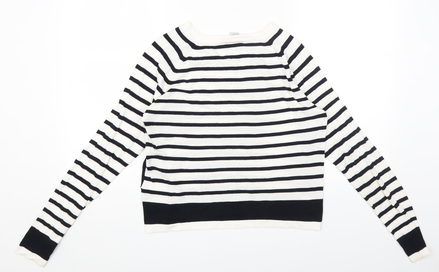 H&M Womens White Round Neck Striped Viscose Pullover Jumper Size M