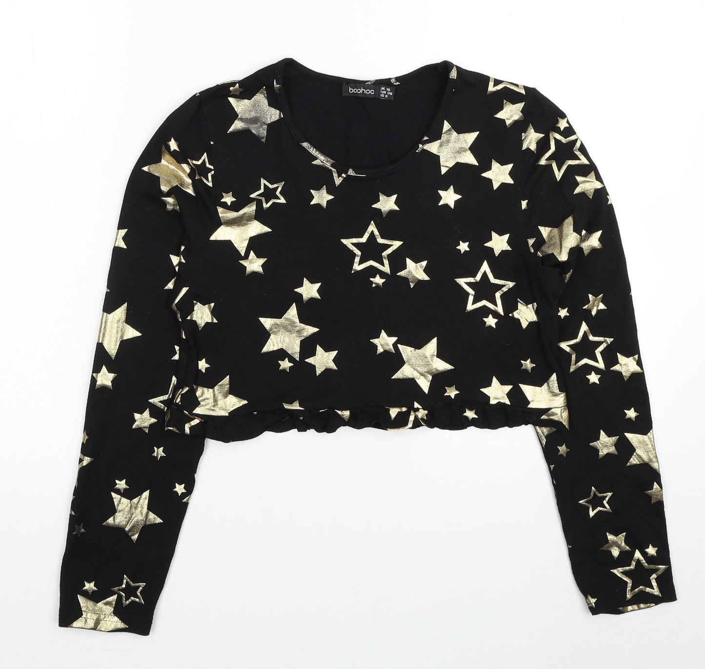 Boohoo Womens Black Geometric Viscose Cropped T-Shirt Size 10 Scoop Neck - Stars