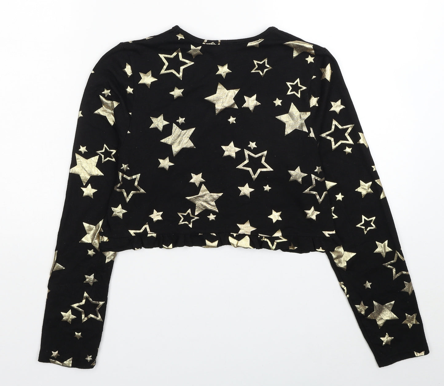 Boohoo Womens Black Geometric Viscose Cropped T-Shirt Size 10 Scoop Neck - Stars