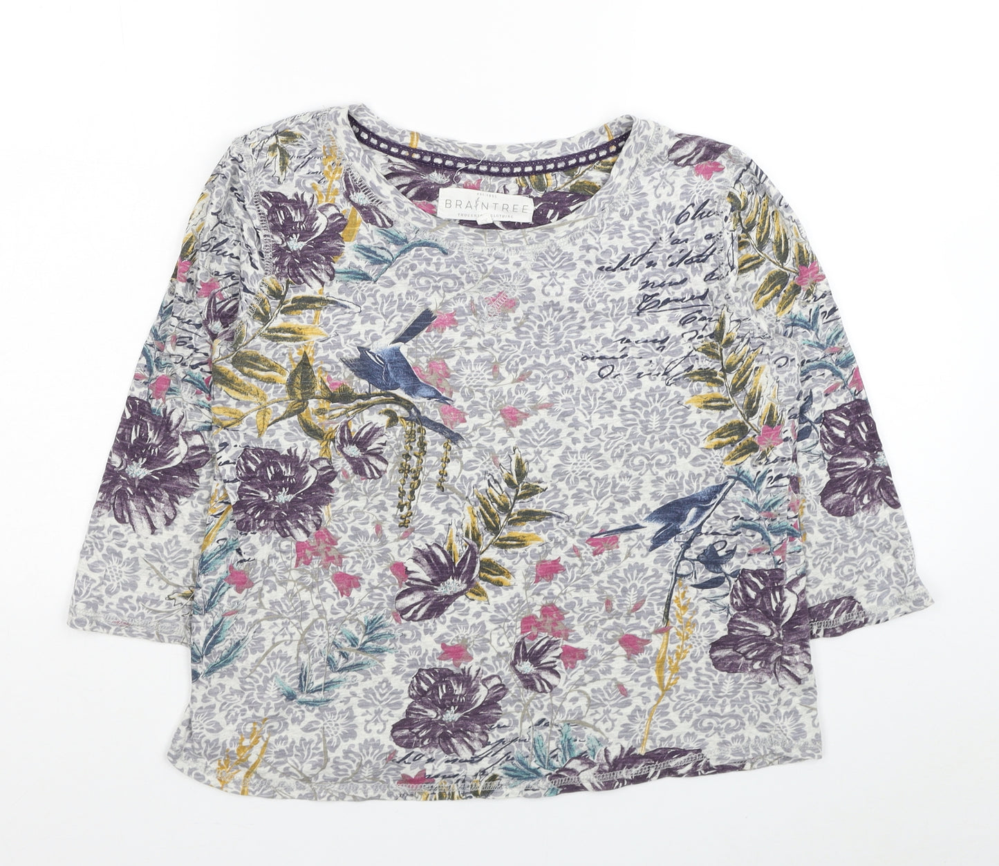 Braintree Womens Grey Floral Cotton Basic T-Shirt Size XS Scoop Neck