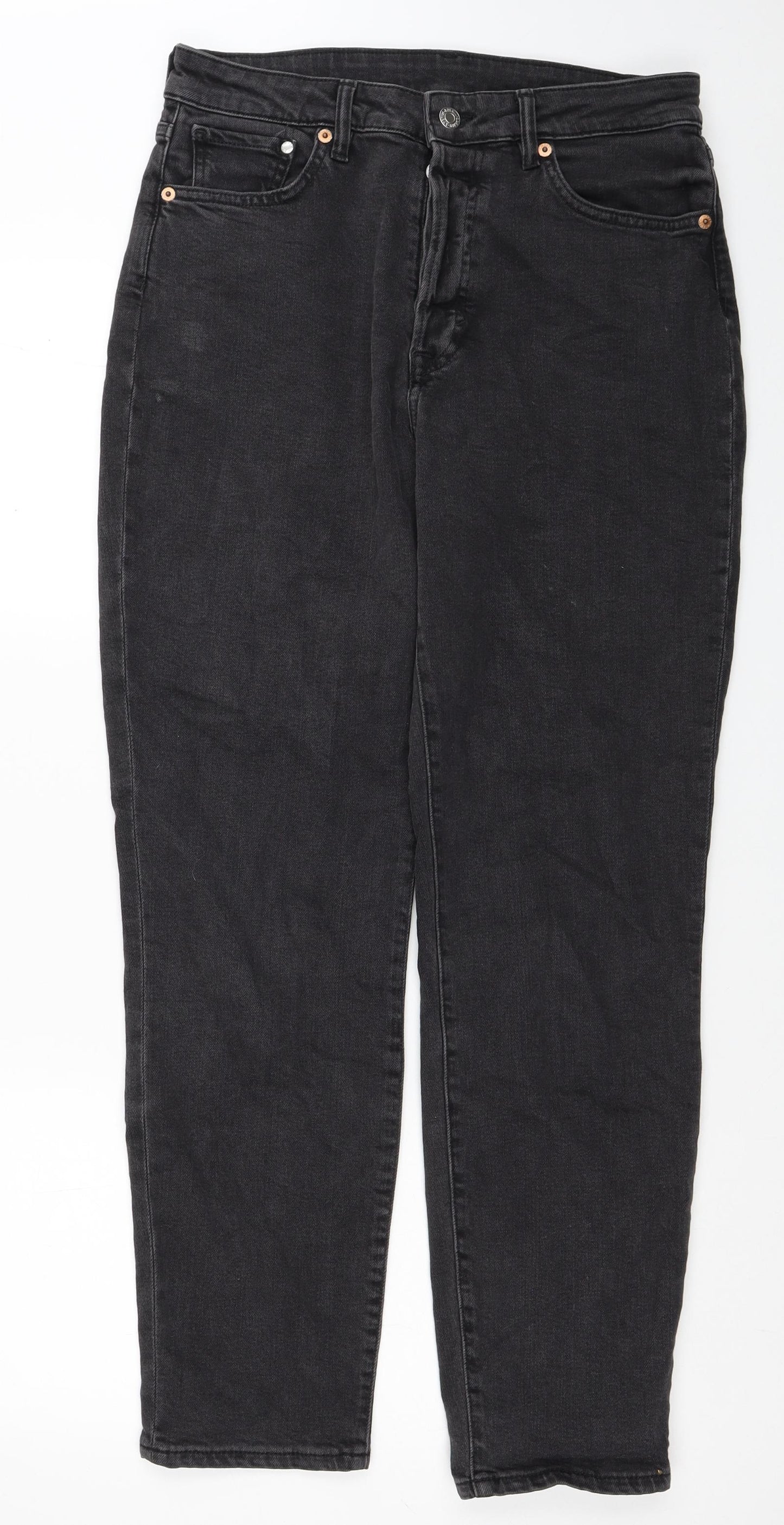 H&M Womens Black Cotton Mom Jeans Size 12 L28 in Regular Button