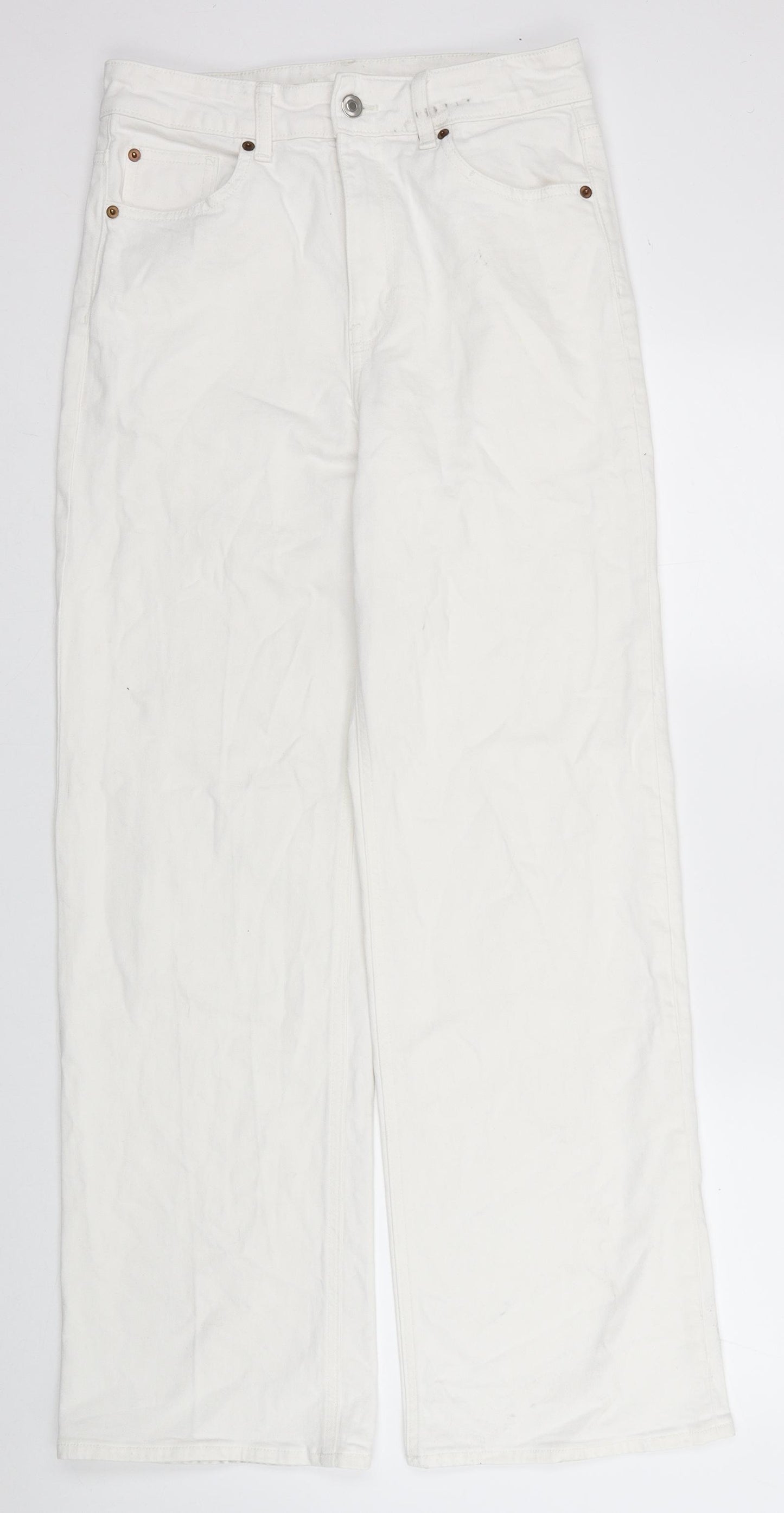 H&M Womens White Cotton Bootcut Jeans Size 12 L31 in Regular Zip