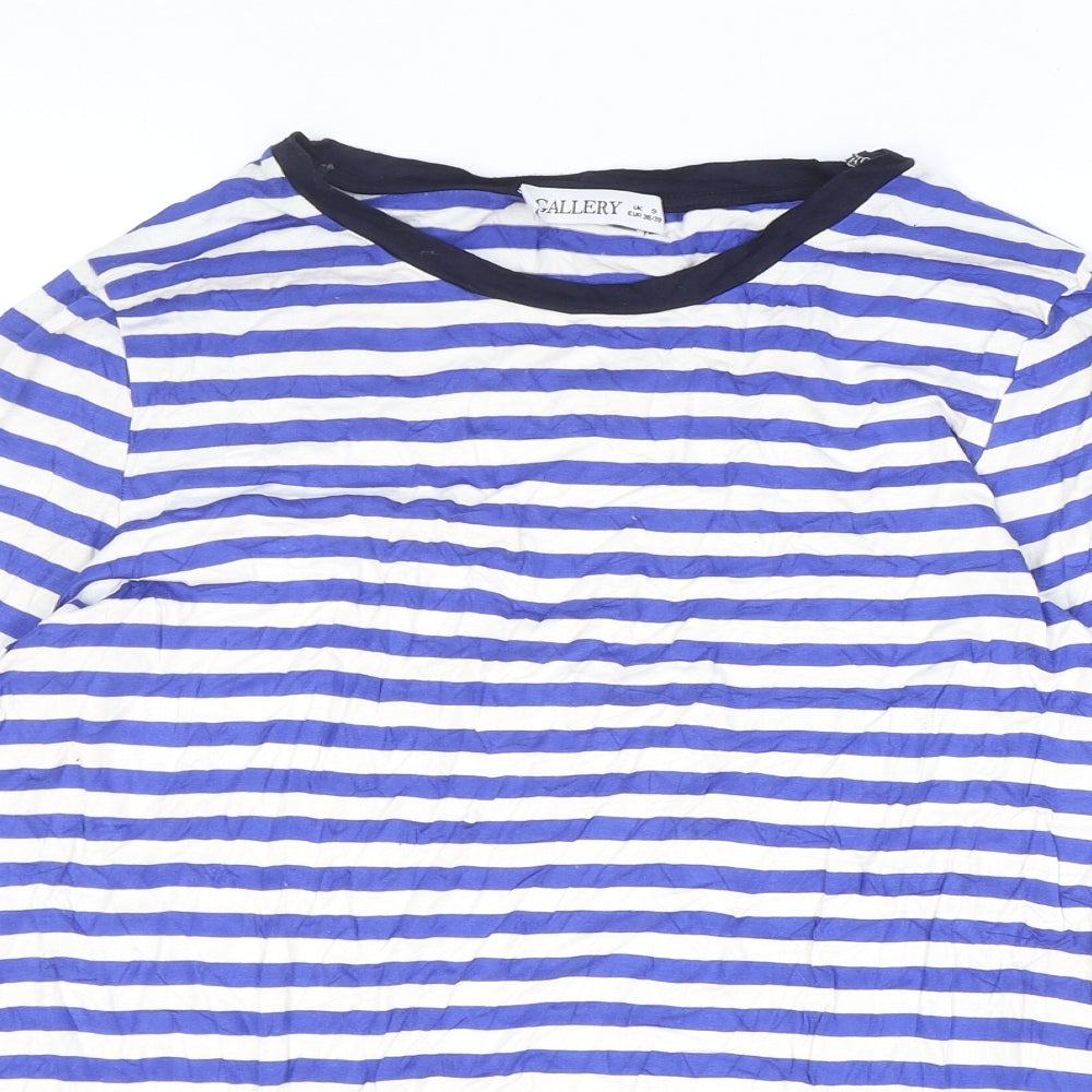 Gallery Womens Blue Striped Viscose Basic T-Shirt Size S Round Neck