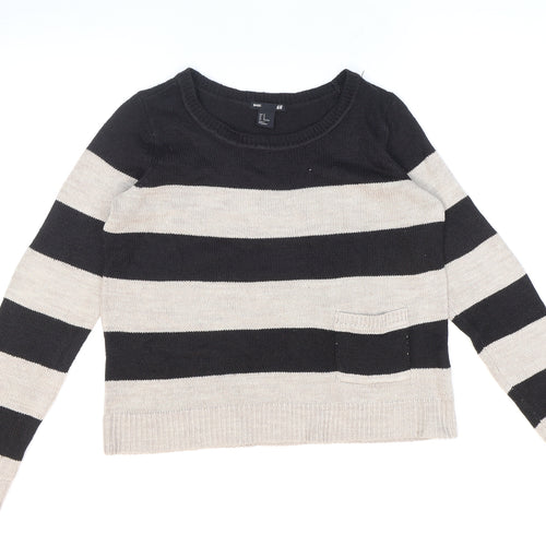 H&M Womens Black Round Neck Striped Acrylic Pullover Jumper Size M