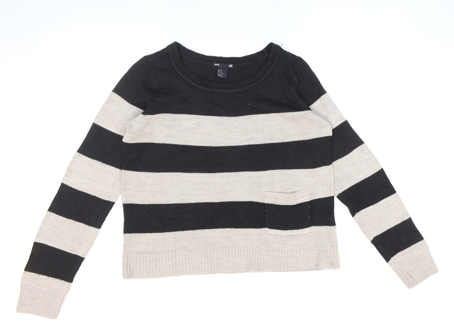 H&M Womens Black Round Neck Striped Acrylic Pullover Jumper Size M