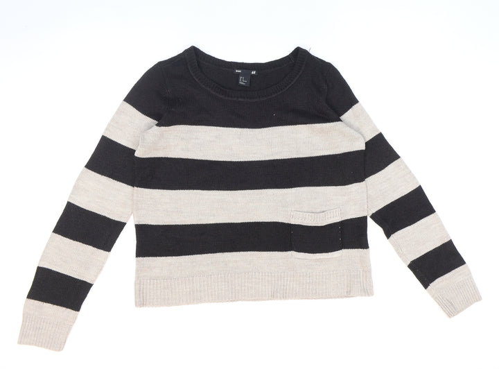 H&M Womens Black Round Neck Striped Acrylic Pullover Jumper Size M