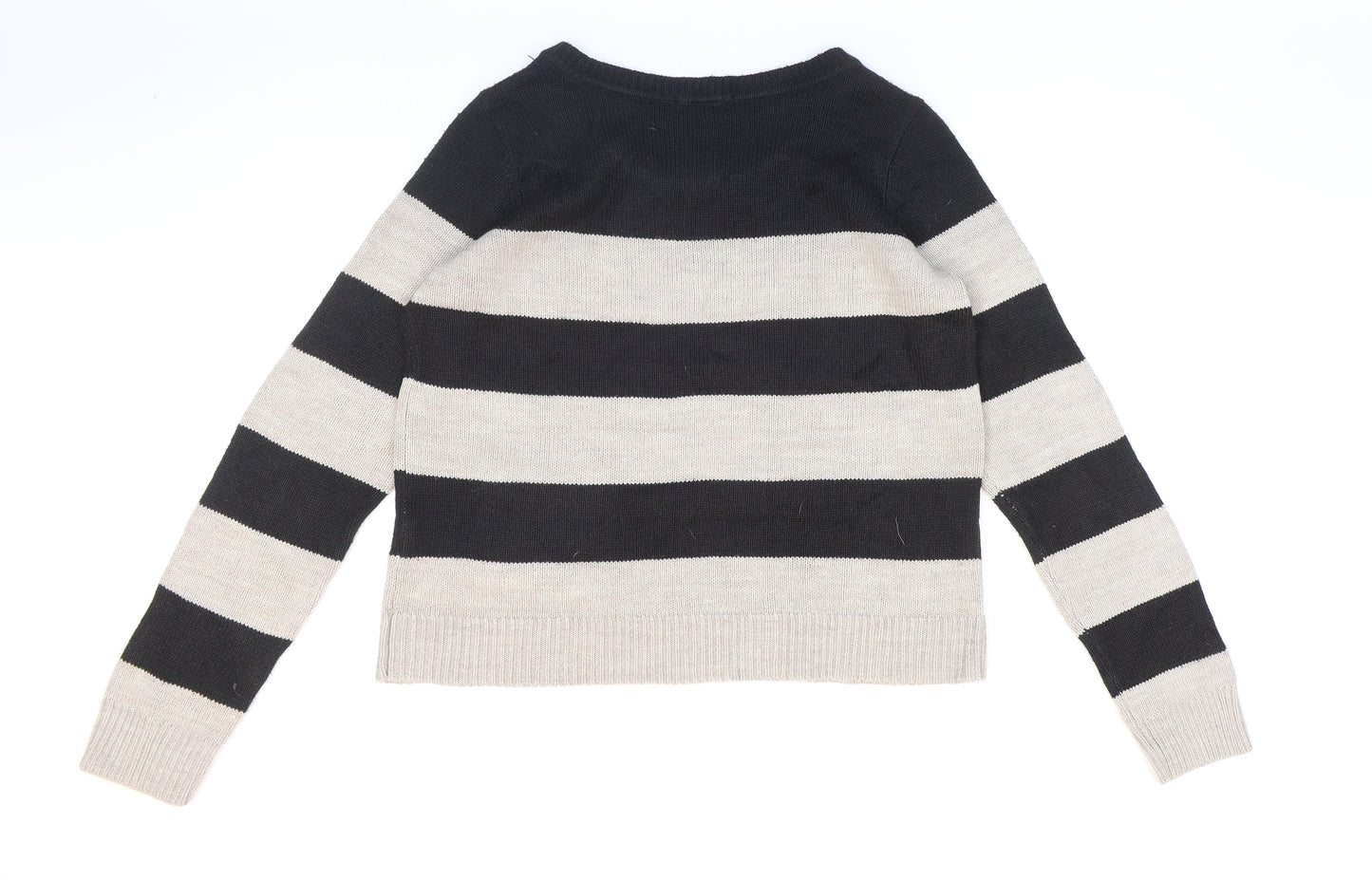 H&M Womens Black Round Neck Striped Acrylic Pullover Jumper Size M