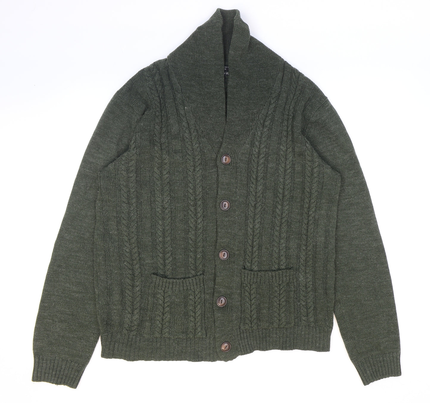 Easy Mens Green V-Neck Acrylic Cardigan Jumper Size L