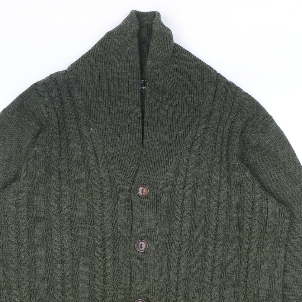 Easy Mens Green V-Neck Acrylic Cardigan Jumper Size L