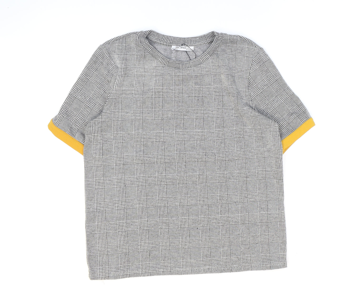 Zara Womens Grey Check Polyester Basic T-Shirt Size M Round Neck